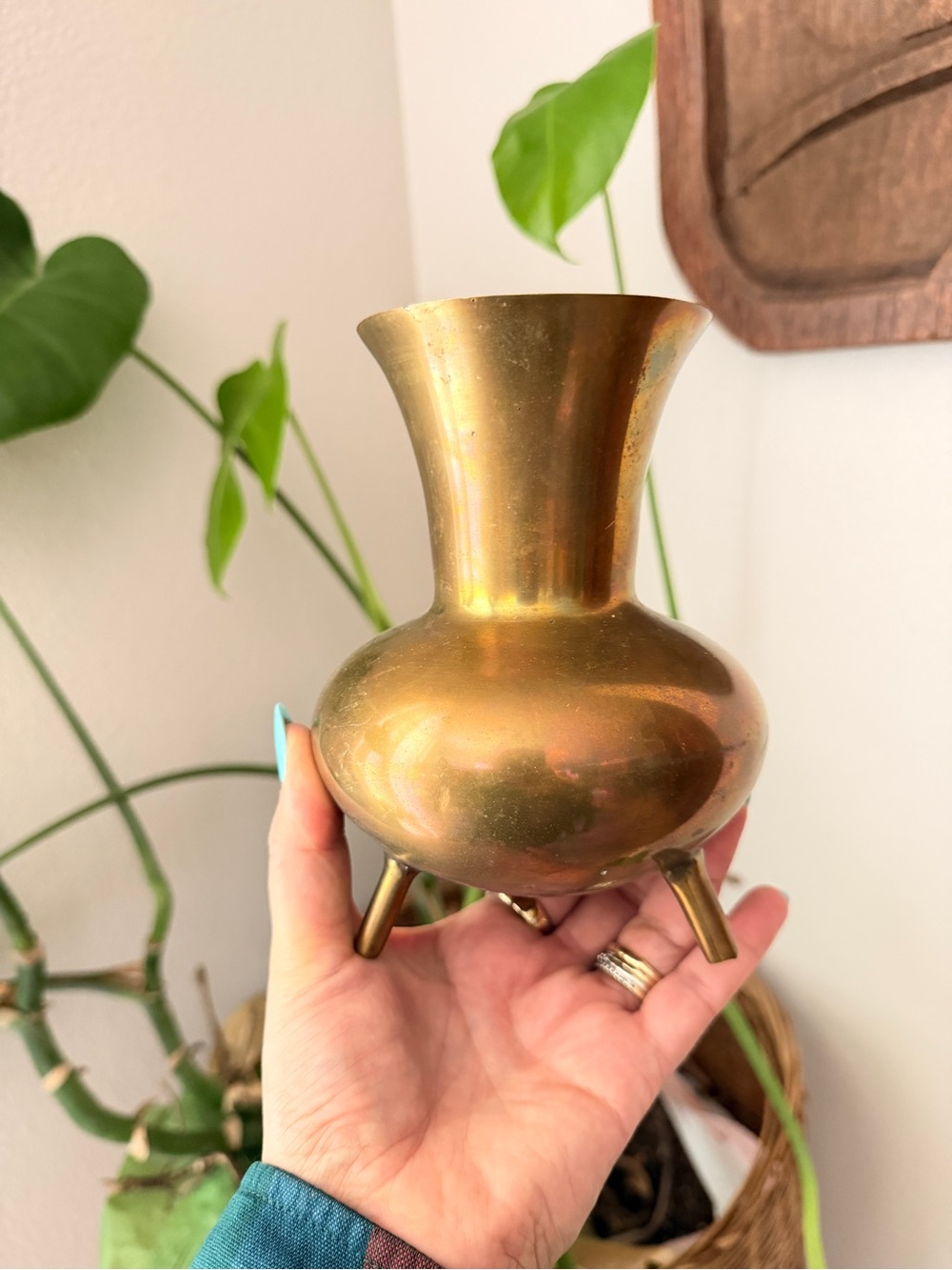 Vintage Brass Tripod Vase Flared Neck Mid Century Modern 7.5”